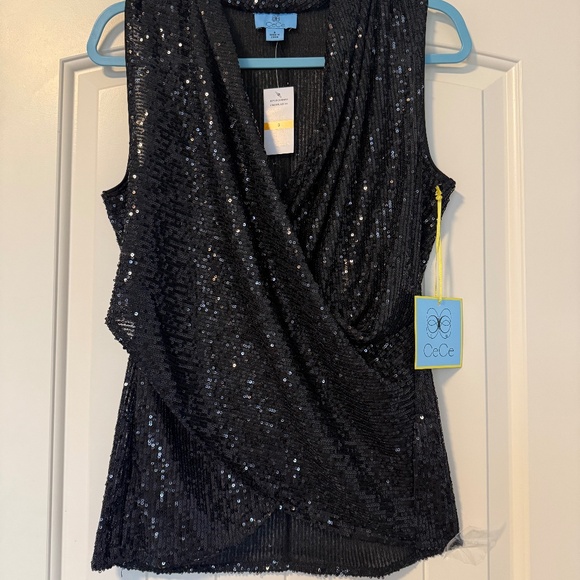 CeCe Black Sequin Sleeveless Wrap  Cocktail Party Top‎ Size S - Picture 1 of 8